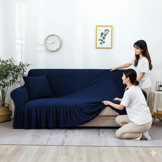Turkish Style Sofa Cover – Stretchable Pleated Skirt Couch Protector (Navy Blue)