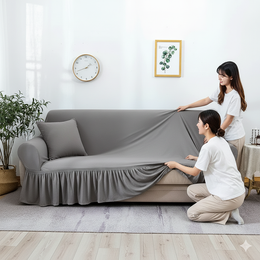Turkish Style Sofa Cover – Stretchable Pleated Skirt Couch Protector (Elegant Grey)