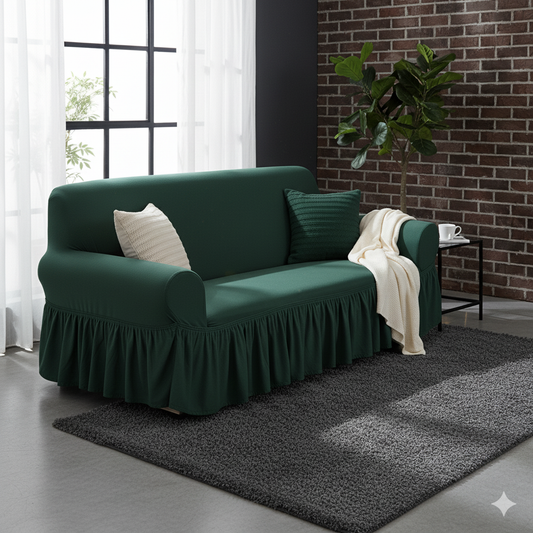 Turkish Style Sofa Cover – Elegant Pleated Skirt, Stretchable & Washable Couch Protector (Dark Green)